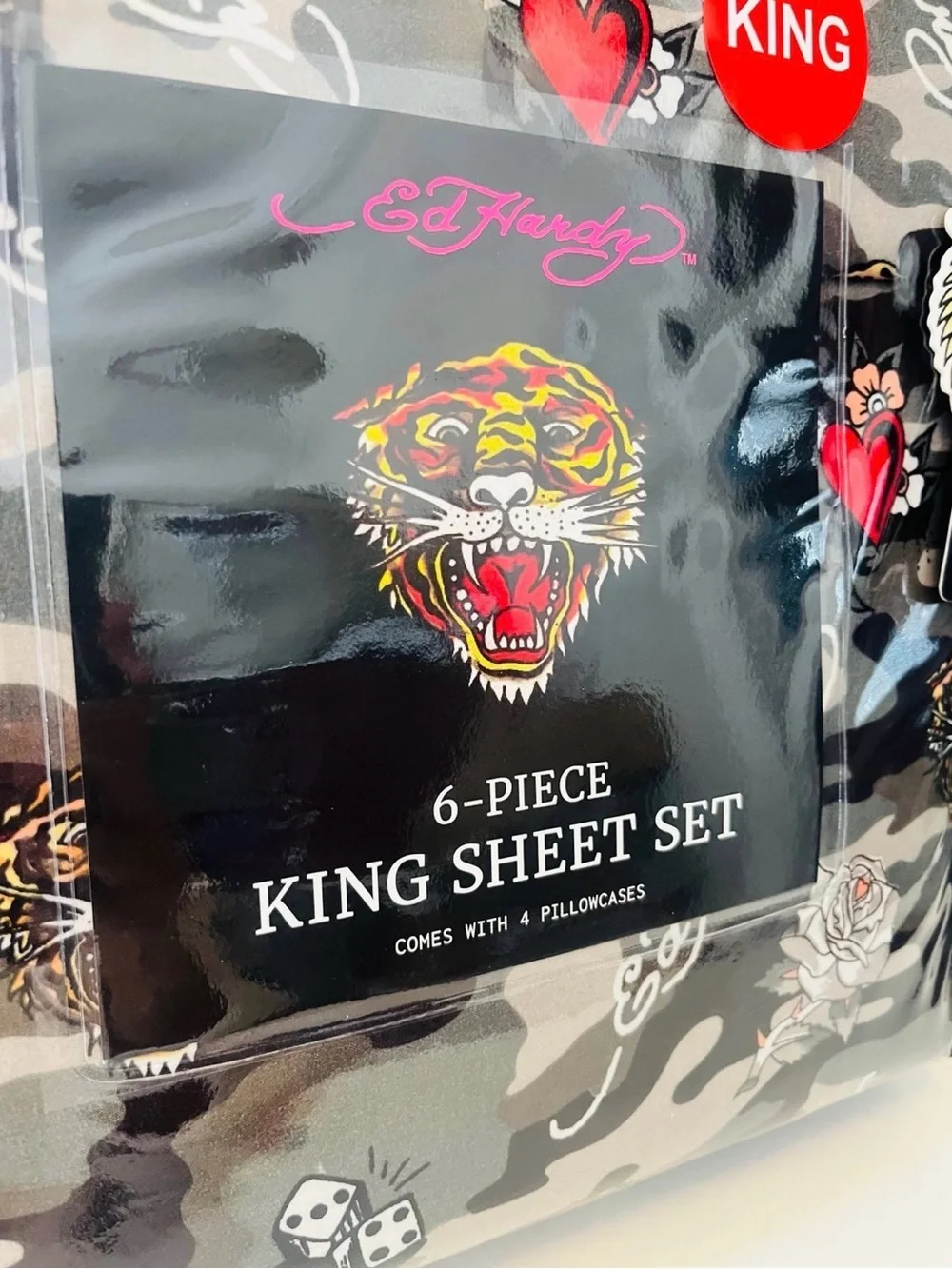 Ed Hardy Black Camo 6 Piece King Size Sheet Set Tigers Dice Hearts Roses